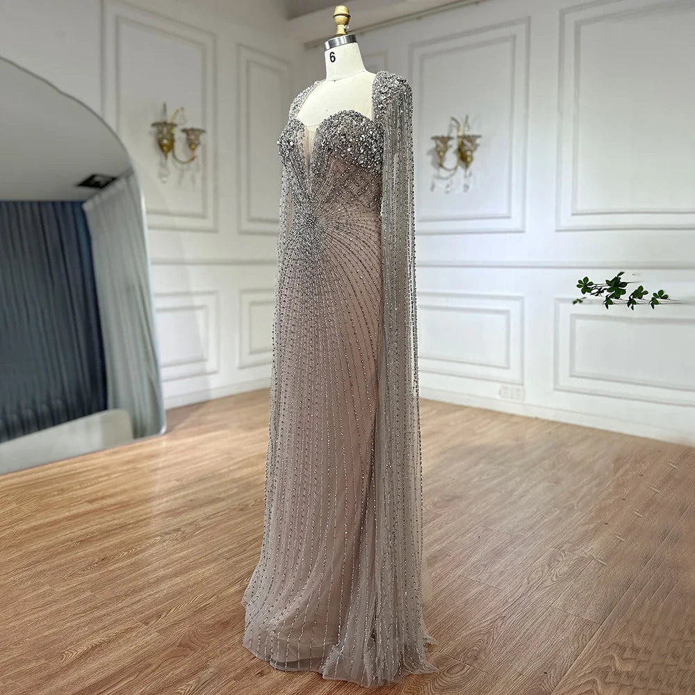 Luxury Dubai Silver Nude Cape Sleeves Beaded Evening Dress LA72575
