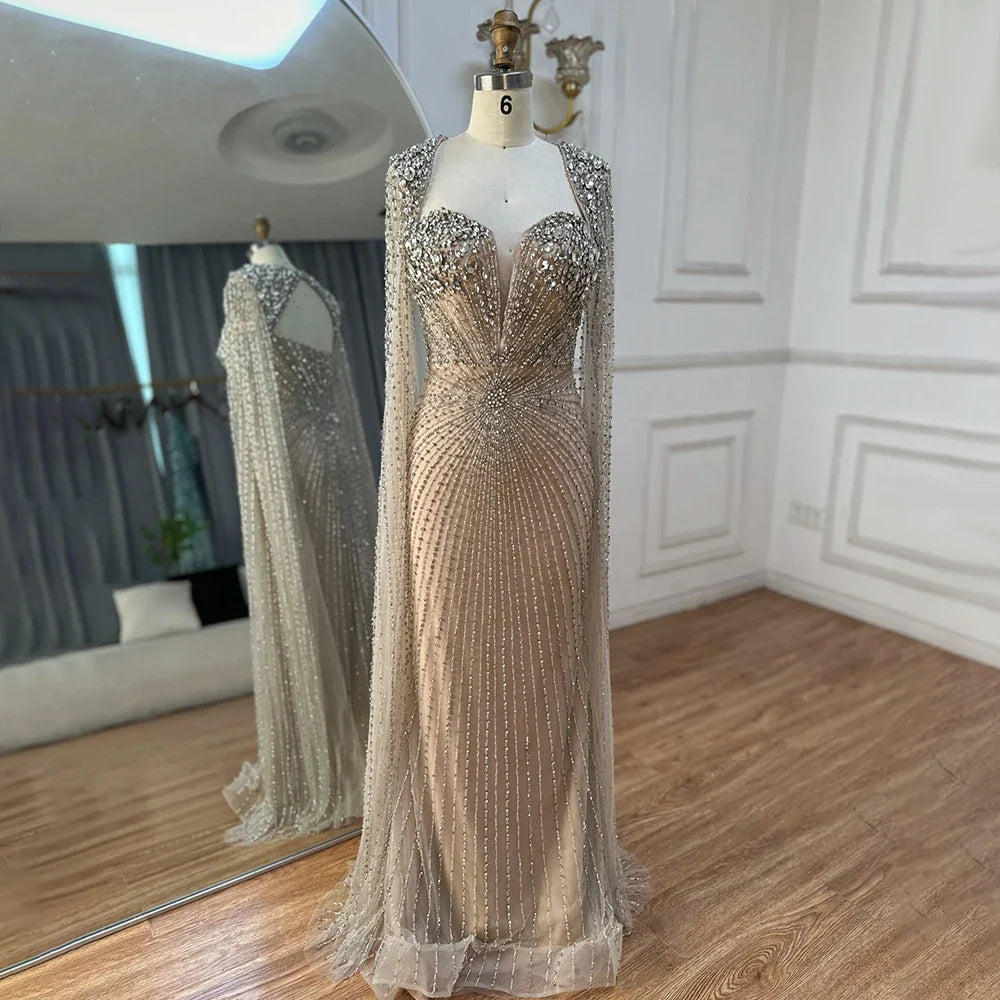 Luxury Dubai Silver Nude Cape Sleeves Beaded Evening Dress LA72575