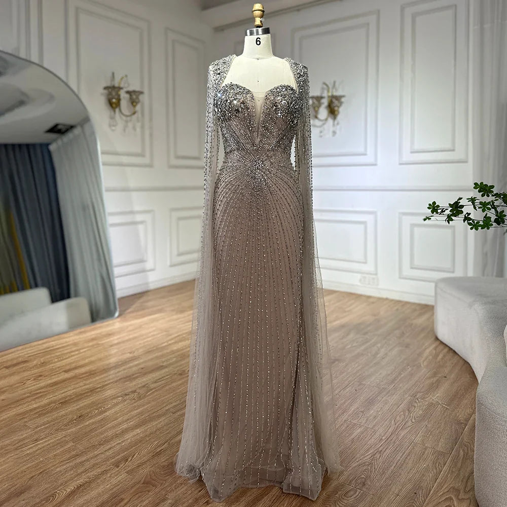 Luxury Dubai Silver Nude Cape Sleeves Beaded Evening Dress LA72575