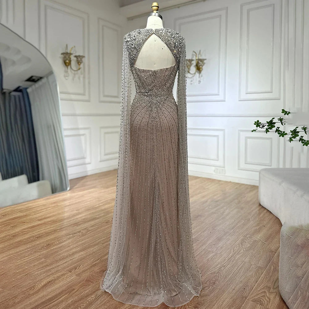 Luxury Dubai Silver Nude Cape Sleeves Beaded Evening Dress LA72575