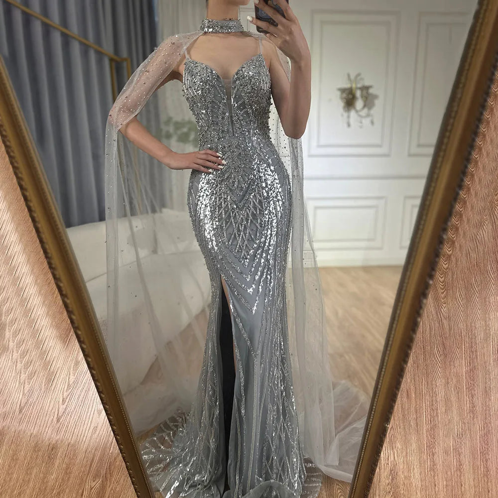 Luxury Dubai Black Nude Beaded Spaghetti Strap Evening Dress Gown with Long Cape for Formal Occasion LA72795