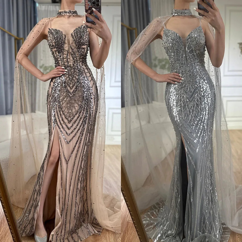 Luxury Dubai Black Nude Beaded Spaghetti Strap Evening Dress Gown with Long Cape for Formal Occasion LA72795