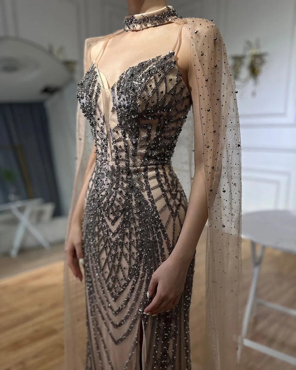 Luxury Dubai Black Nude Beaded Spaghetti Strap Evening Dress Gown with Long Cape for Formal Occasion LA72795