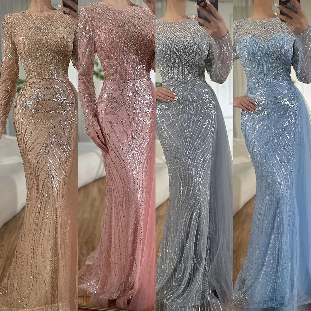 Luxury Dubai Caramel Beaded Mermaid Long Arabic Evening Dresses Gowns With Overskirt for Formal Occasion LA71673A