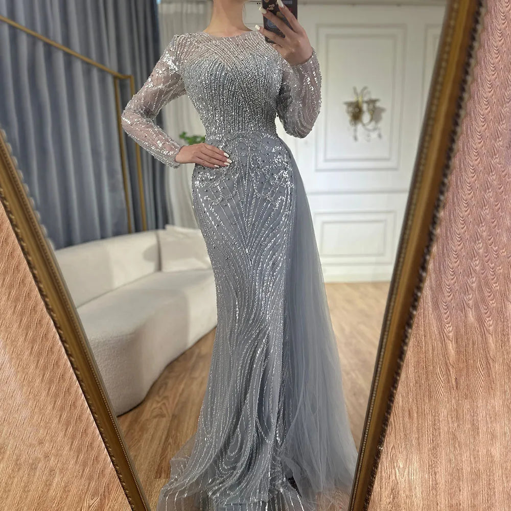 Luxury Dubai Caramel Beaded Mermaid Long Arabic Evening Dresses Gowns With Overskirt for Formal Occasion LA71673A