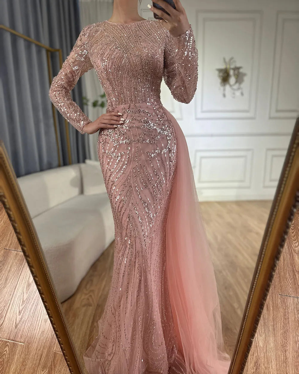 Luxury Dubai Caramel Beaded Mermaid Long Arabic Evening Dresses Gowns With Overskirt for Formal Occasion LA71673A