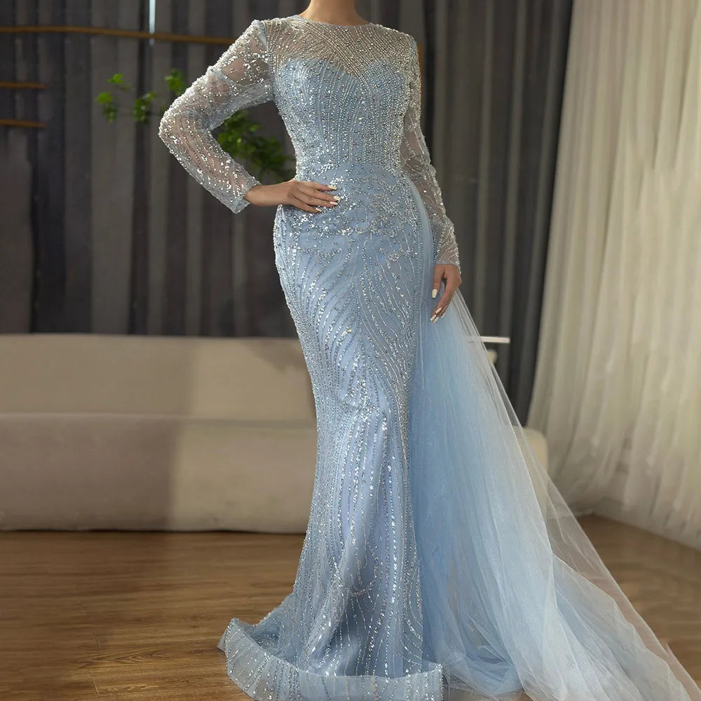 Luxury Dubai Caramel Beaded Mermaid Long Arabic Evening Dresses Gowns With Overskirt for Formal Occasion LA71673A