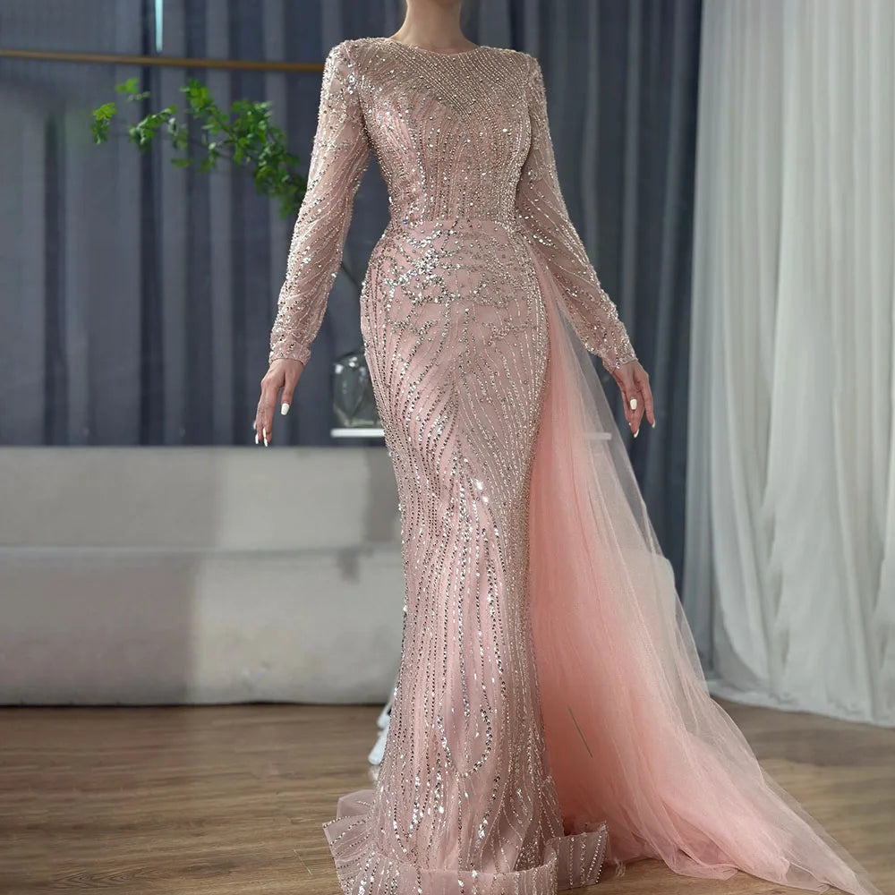 Luxury Dubai Caramel Beaded Mermaid Long Arabic Evening Dresses Gowns With Overskirt for Formal Occasion LA71673A