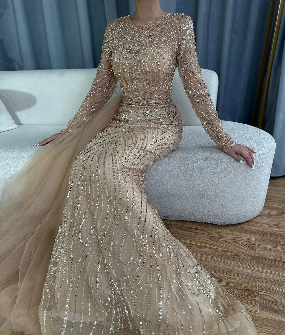 Luxury Dubai Caramel Beaded Mermaid Long Arabic Evening Dresses Gowns With Overskirt for Formal Occasion LA71673A