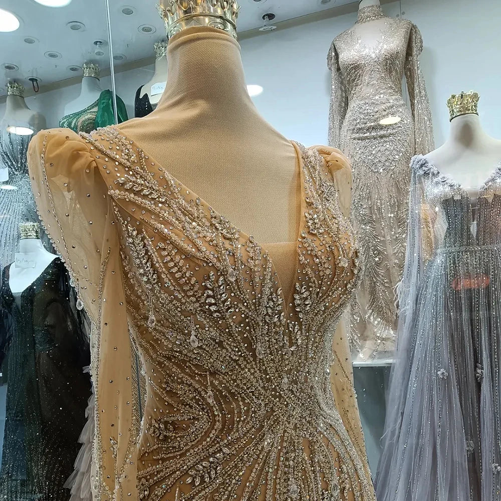 Luxury Dubai Elegant Mermaid Evening Gown Nude Beaded for Formal Occasion Saudi Arabic LA72827