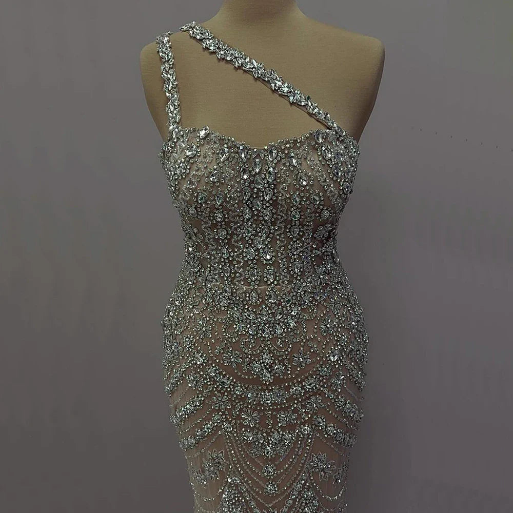 Luxury Dubai Elegant Nude One Shoulder Beaded Evening Dresses Gowns for Formal Occasion LA72791