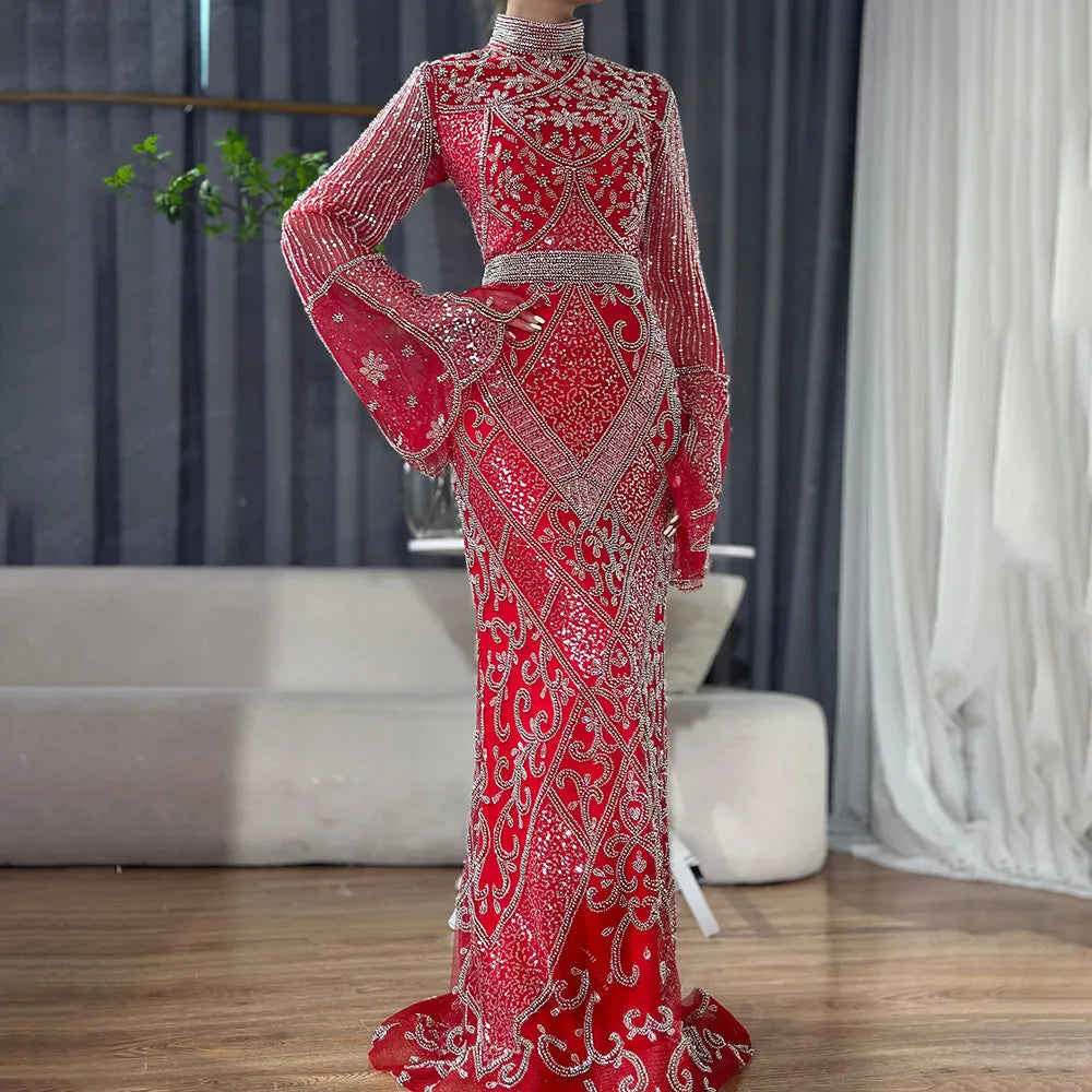 Luxuriöses Dubai Muslimisches Abendkleid im Meerjungfrauen-Stil in Rot mit Cape-Ärmeln und Perlenbesatz für formelle Anlässe LA72316C