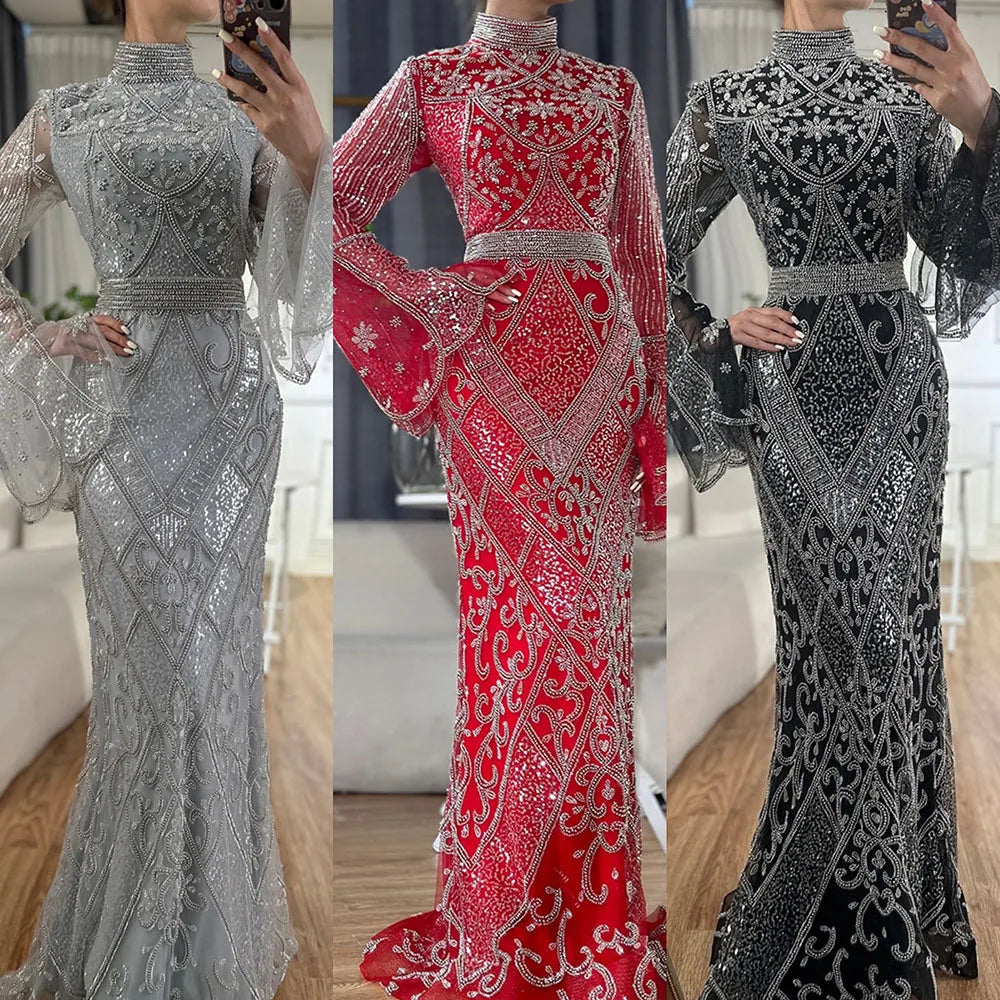 Luxuriöses Dubai Muslimisches Abendkleid im Meerjungfrauen-Stil in Rot mit Cape-Ärmeln und Perlenbesatz für formelle Anlässe LA72316C