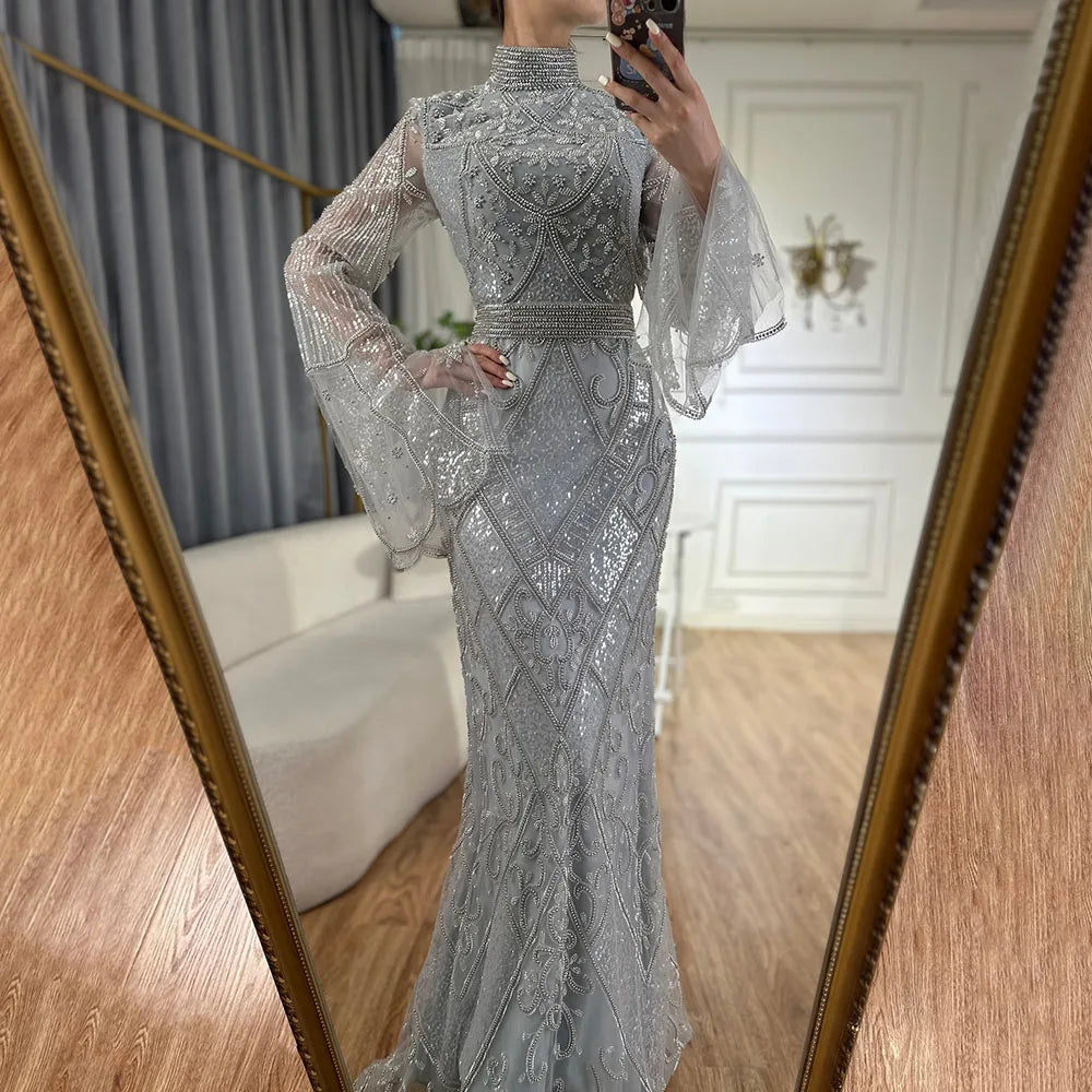 Luxuriöses Dubai Muslimisches Abendkleid im Meerjungfrauen-Stil in Rot mit Cape-Ärmeln und Perlenbesatz für formelle Anlässe LA72316C