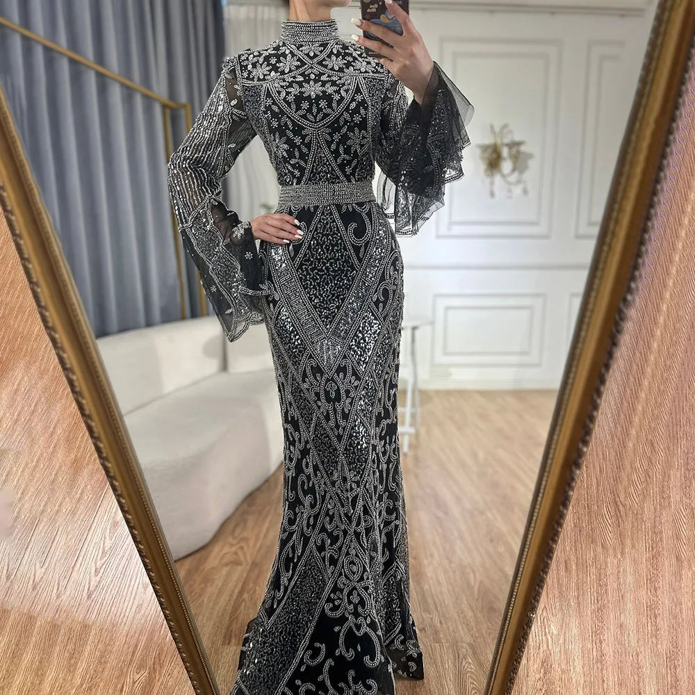 Luxuriöses Dubai Muslimisches Abendkleid im Meerjungfrauen-Stil in Rot mit Cape-Ärmeln und Perlenbesatz für formelle Anlässe LA72316C