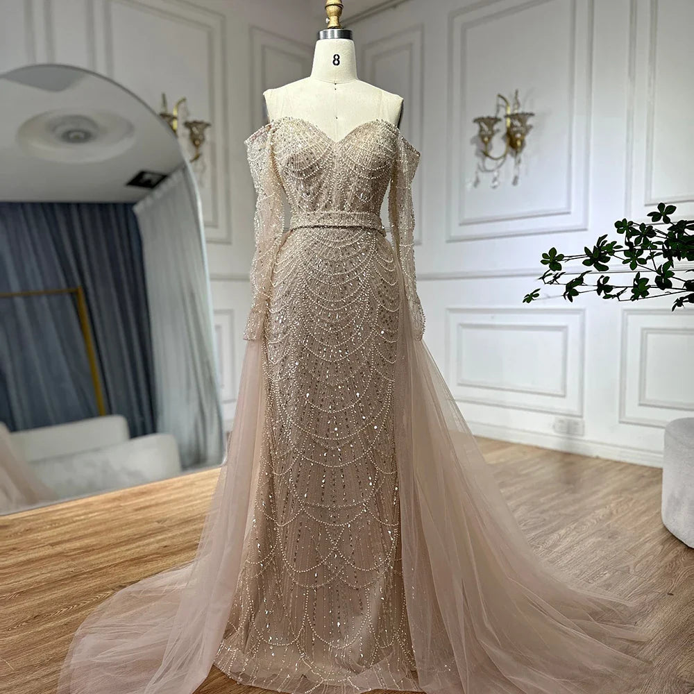 Luxury Dubai Nude Mermaid Arabia Beaded Evening Dress Gown with Detachable Skirt for Formal Occasion LA72243A