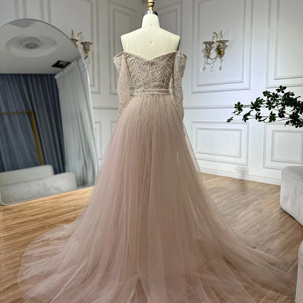 Luxury Dubai Nude Mermaid Arabia Beaded Evening Dress Gown with Detachable Skirt for Formal Occasion LA72243A