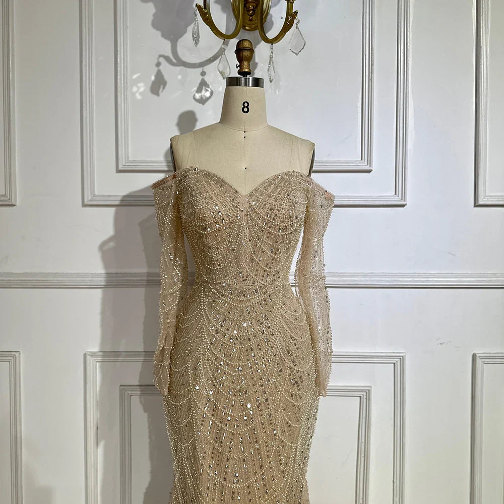 Luxury Dubai Nude Mermaid Arabia Beaded Evening Dress Gown with Detachable Skirt for Formal Occasion LA72243A