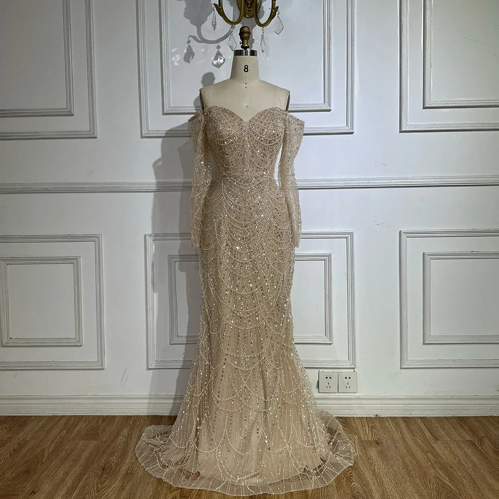 Luxury Dubai Nude Mermaid Arabia Beaded Evening Dress Gown with Detachable Skirt for Formal Occasion LA72243A
