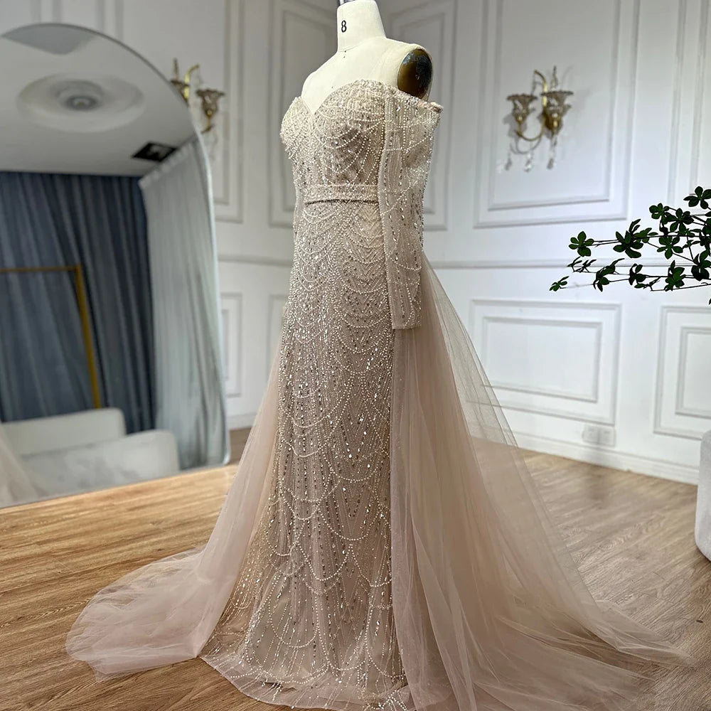 Luxury Dubai Nude Mermaid Arabia Beaded Evening Dress Gown with Detachable Skirt for Formal Occasion LA72243A