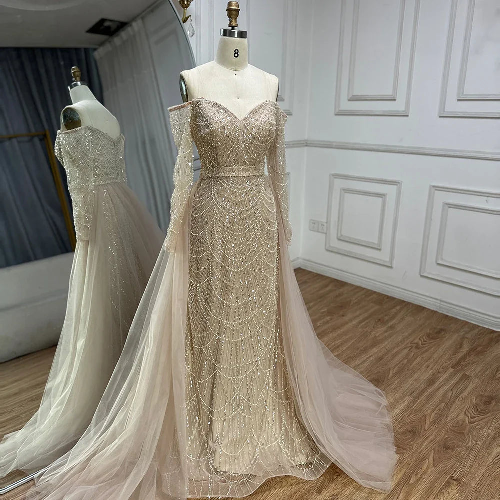Luxury Dubai Nude Mermaid Arabia Beaded Evening Dress Gown with Detachable Skirt for Formal Occasion LA72243A