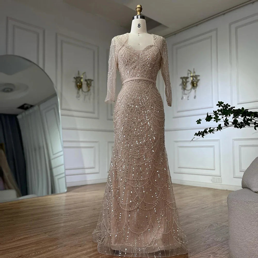 Luxury Dubai Nude Spaghetti Strap Beaded Mermaid Gown with Detachable Long Sleeve Jacket for Formal Occasion LA72160C
