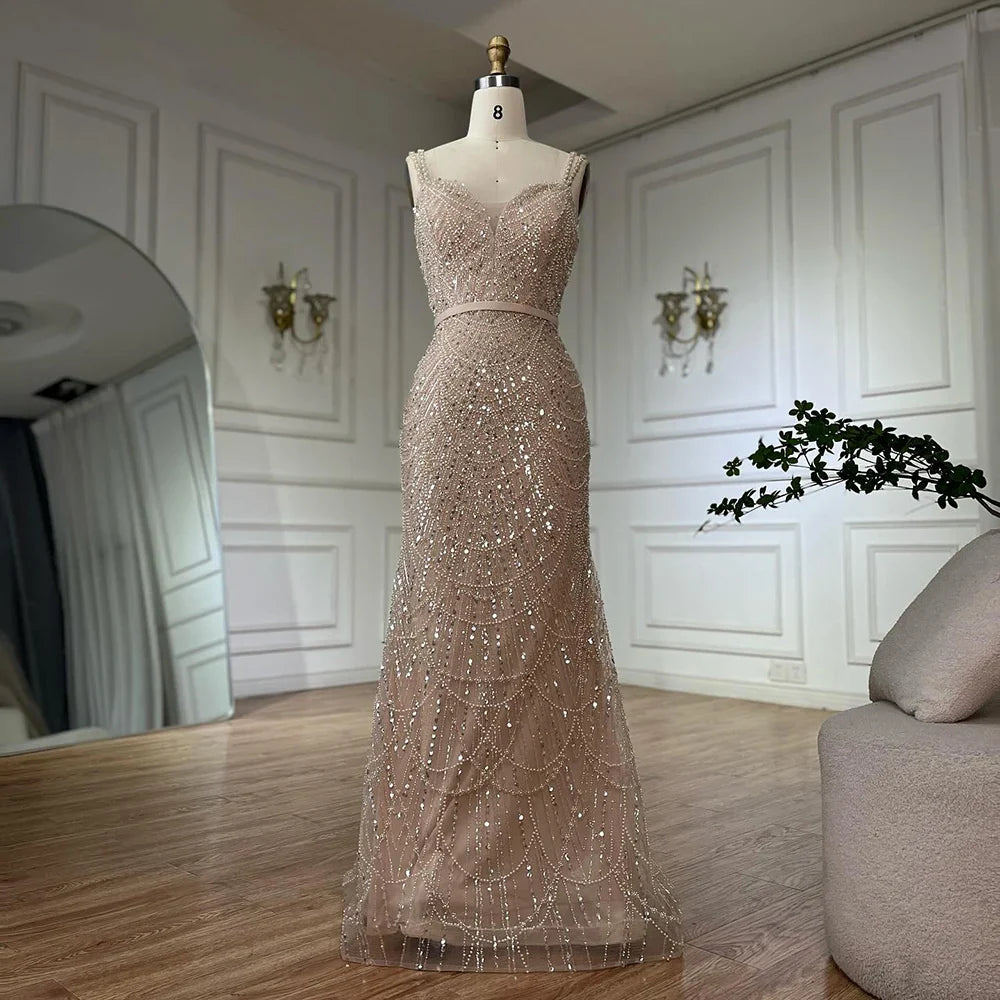Luxury Dubai Nude Spaghetti Strap Beaded Mermaid Gown with Detachable Long Sleeve Jacket for Formal Occasion LA72160C