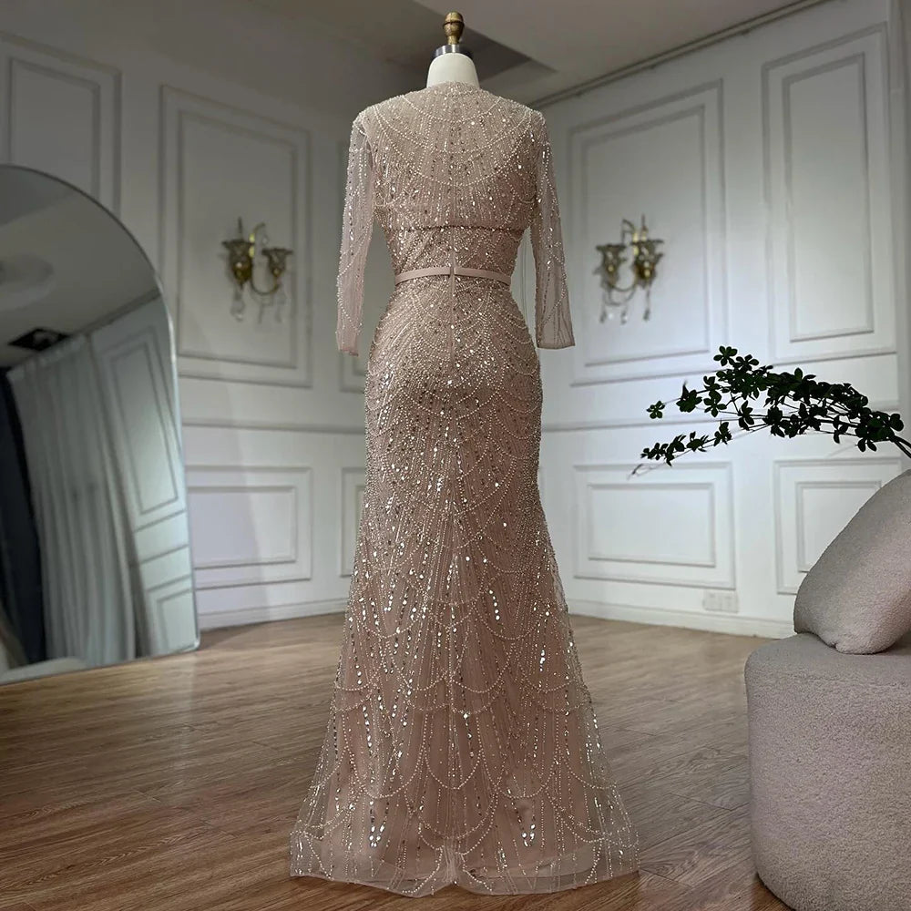Luxury Dubai Nude Spaghetti Strap Beaded Mermaid Gown with Detachable Long Sleeve Jacket for Formal Occasion LA72160C