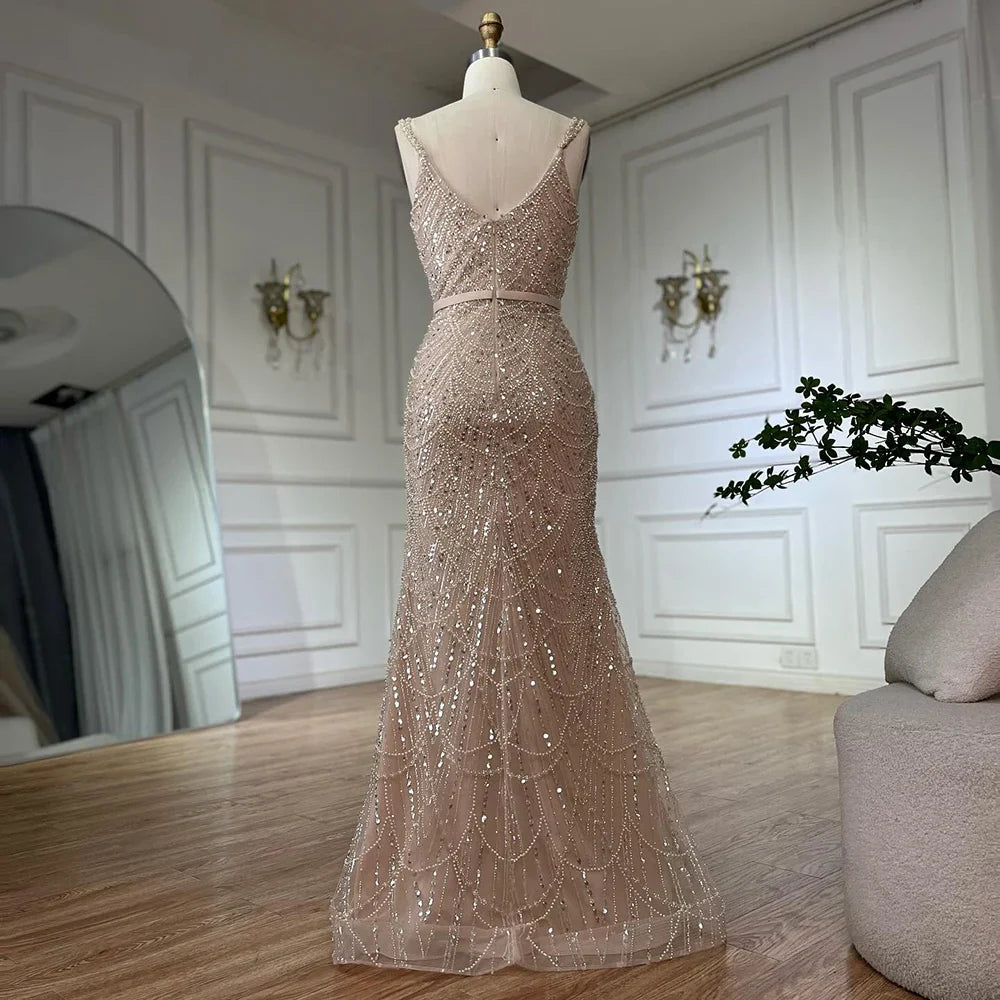 Luxury Dubai Nude Spaghetti Strap Beaded Mermaid Gown with Detachable Long Sleeve Jacket for Formal Occasion LA72160C
