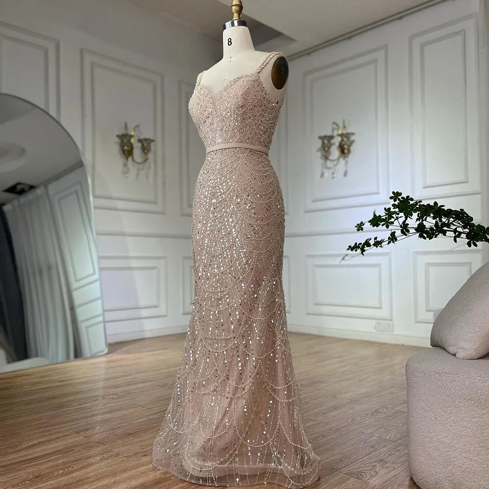 Luxury Dubai Nude Spaghetti Strap Beaded Mermaid Gown with Detachable Long Sleeve Jacket for Formal Occasion LA72160C