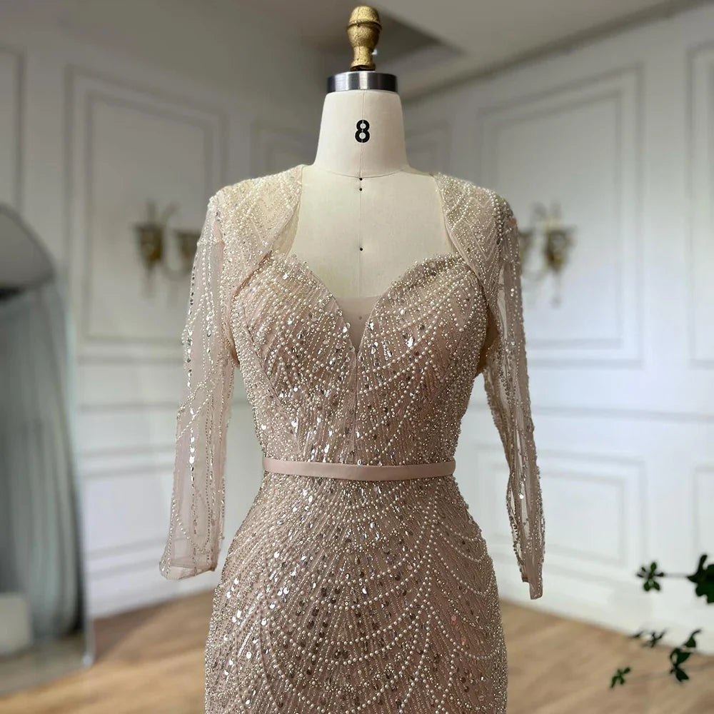 Luxury Dubai Nude Spaghetti Strap Beaded Mermaid Gown with Detachable Long Sleeve Jacket for Formal Occasion LA72160C