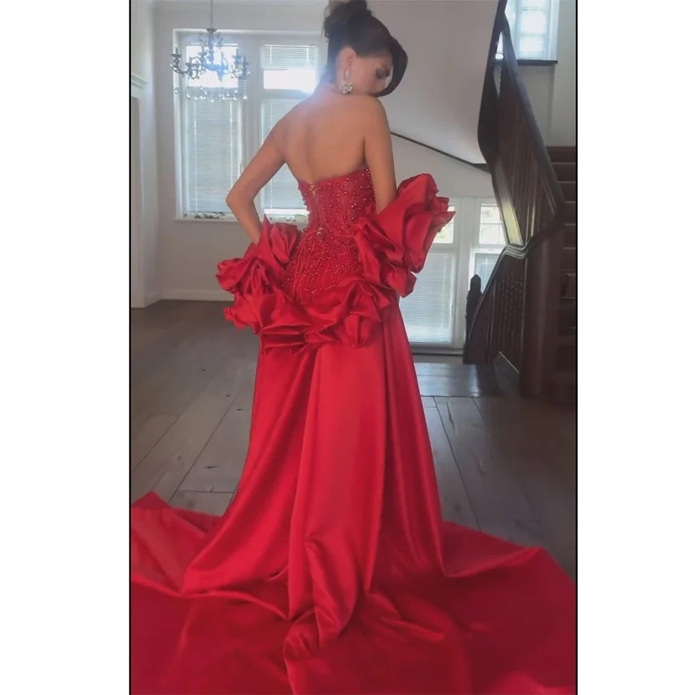Red Long Cape Pearls Beaded Mermaid Evening Dress Gown LA72585A