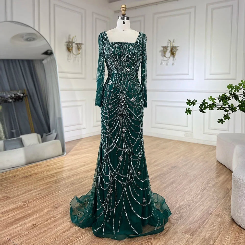 Serene Hill Dark Green Mermaid Dress Crystal Beaded Arabic Evening Gown for Women Perfect for Weddings and Parties 2025 LA72242