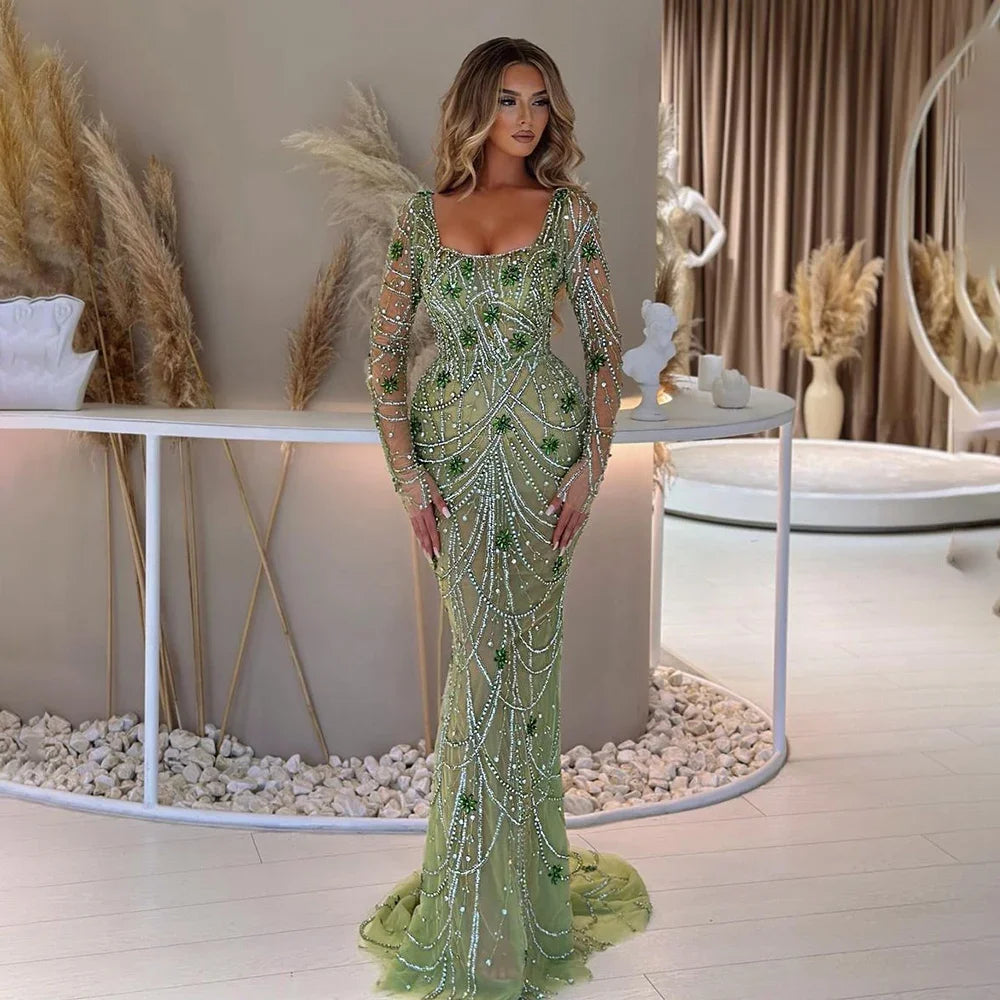 Serene Hill Dark Green Mermaid Dress Crystal Beaded Arabic Evening Gown for Women Perfect for Weddings and Parties 2025 LA72242