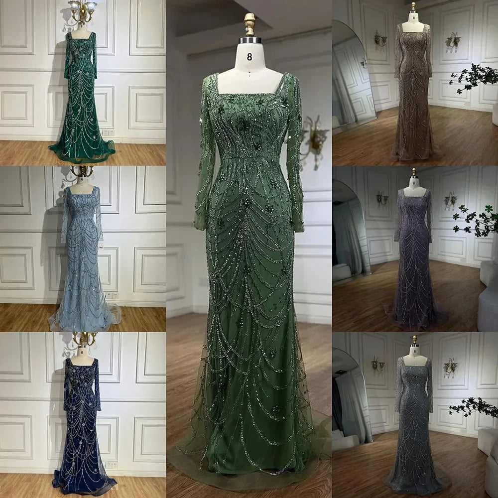 Serene Hill Dark Green Mermaid Dress Crystal Beaded Arabic Evening Gown for Women Perfect for Weddings and Parties 2025 LA72242