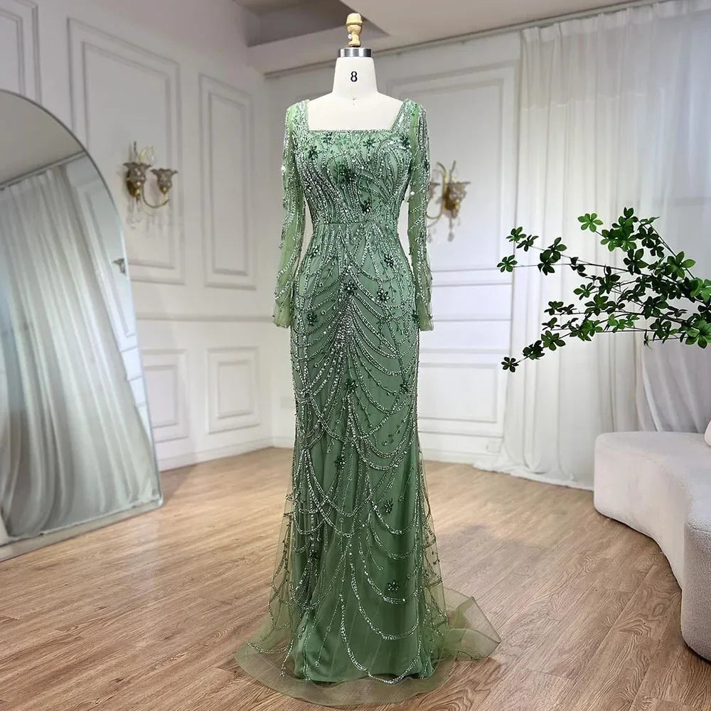 Serene Hill Dark Green Mermaid Dress Crystal Beaded Arabic Evening Gown for Women Perfect for Weddings and Parties 2025 LA72242