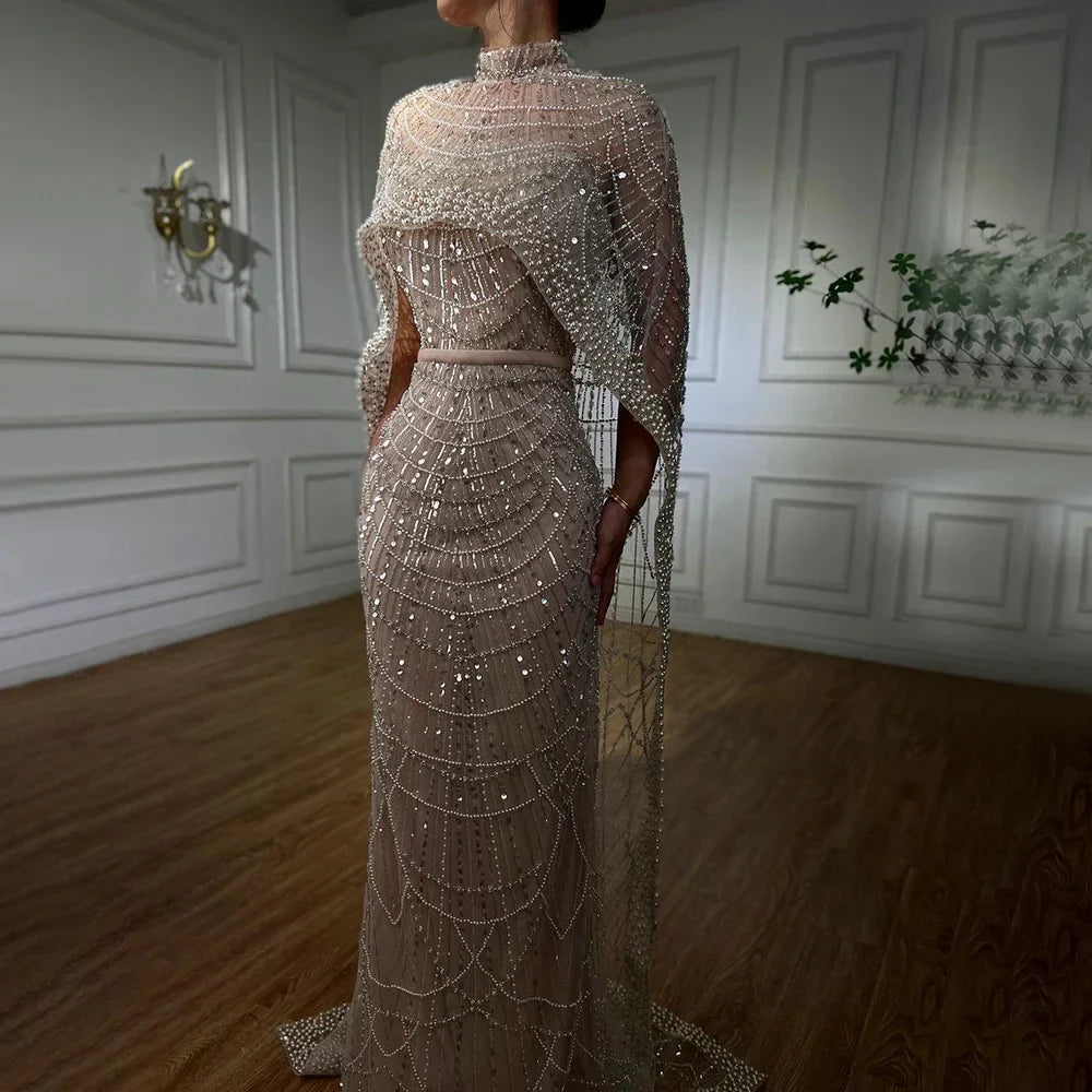 Luxury Designer Pearls Green Evening Dresses with Cape LA72032