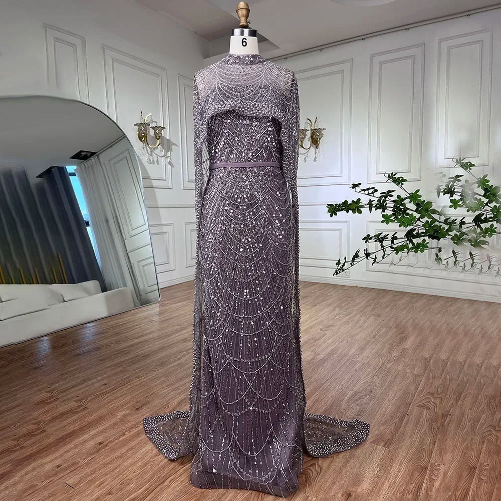 Luxury Designer Pearls Green Evening Dresses with Cape LA72032
