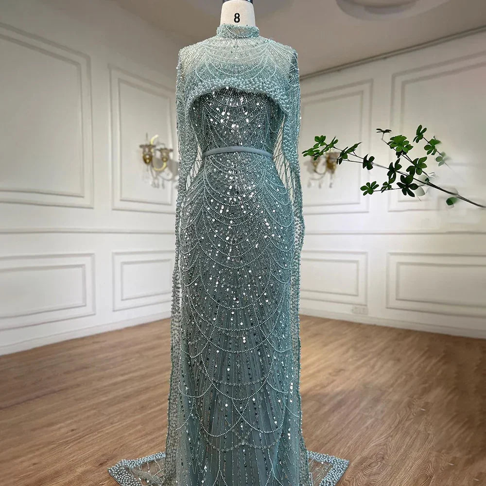 Luxury Designer Pearls Green Evening Dresses with Cape LA72032