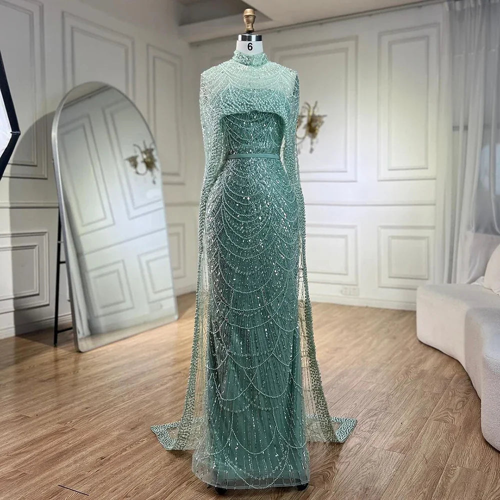 Luxury Designer Pearls Green Evening Dresses with Cape LA72032