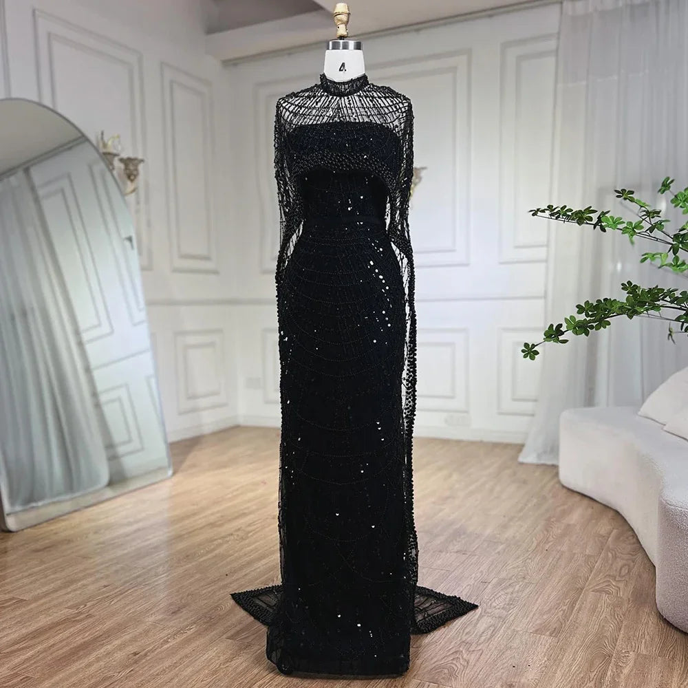 Luxury Designer Pearls Green Evening Dresses with Cape LA72032