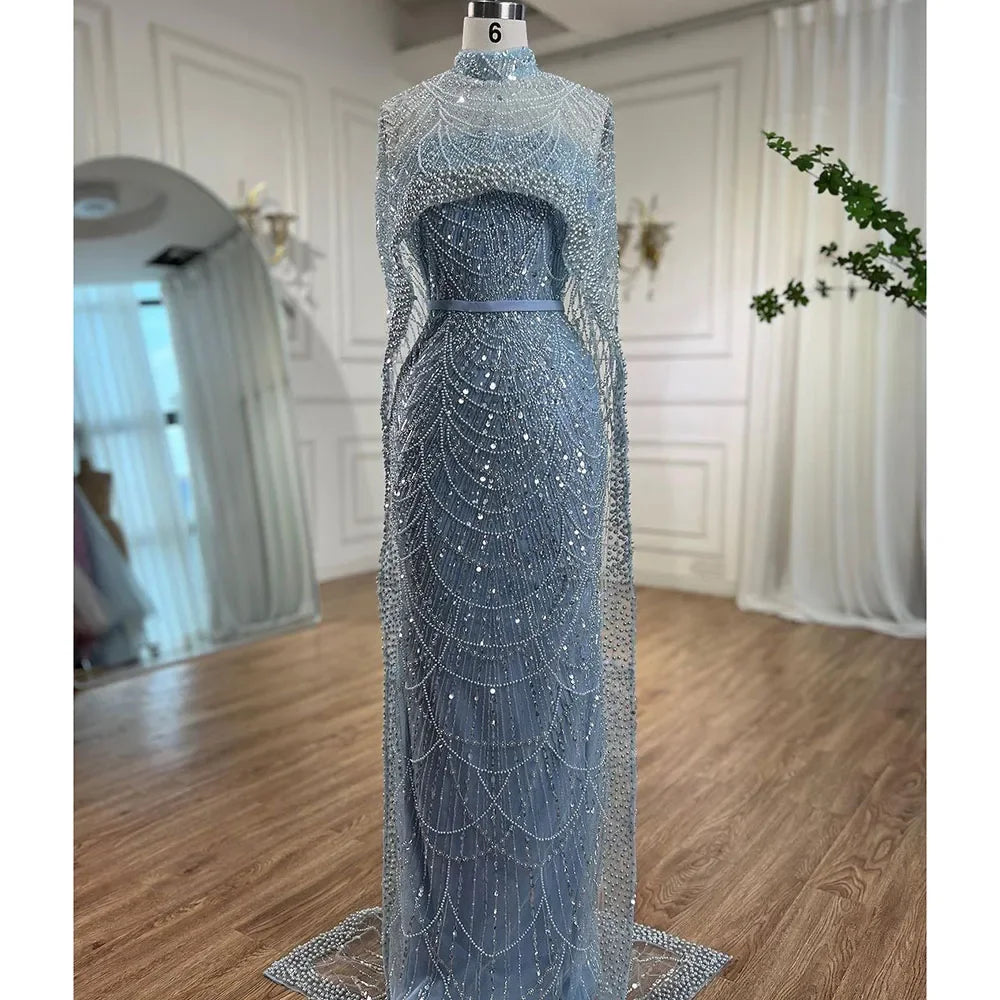 Luxury Designer Pearls Green Evening Dresses with Cape LA72032