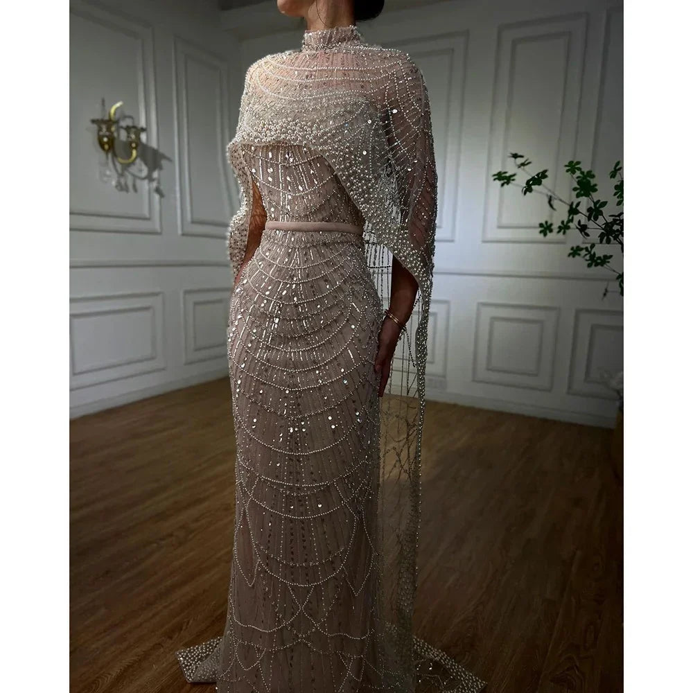 Luxury Designer Pearls Green Evening Dresses with Cape LA72032