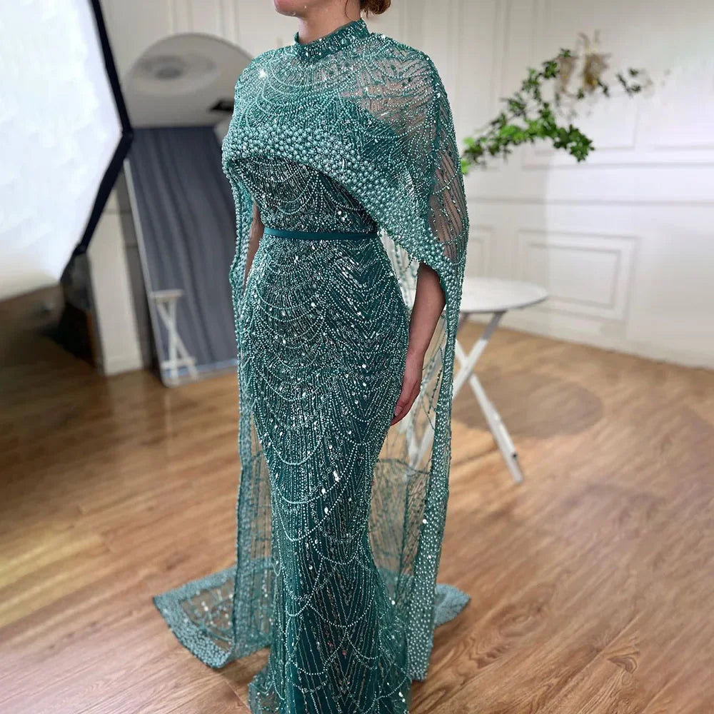 Luxury Designer Pearls Green Evening Dresses with Cape LA72032