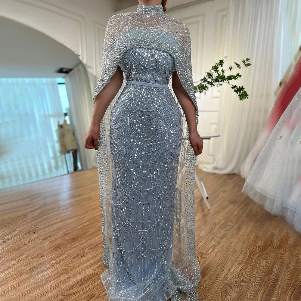 Luxury Designer Pearls Green Evening Dresses with Cape LA72032