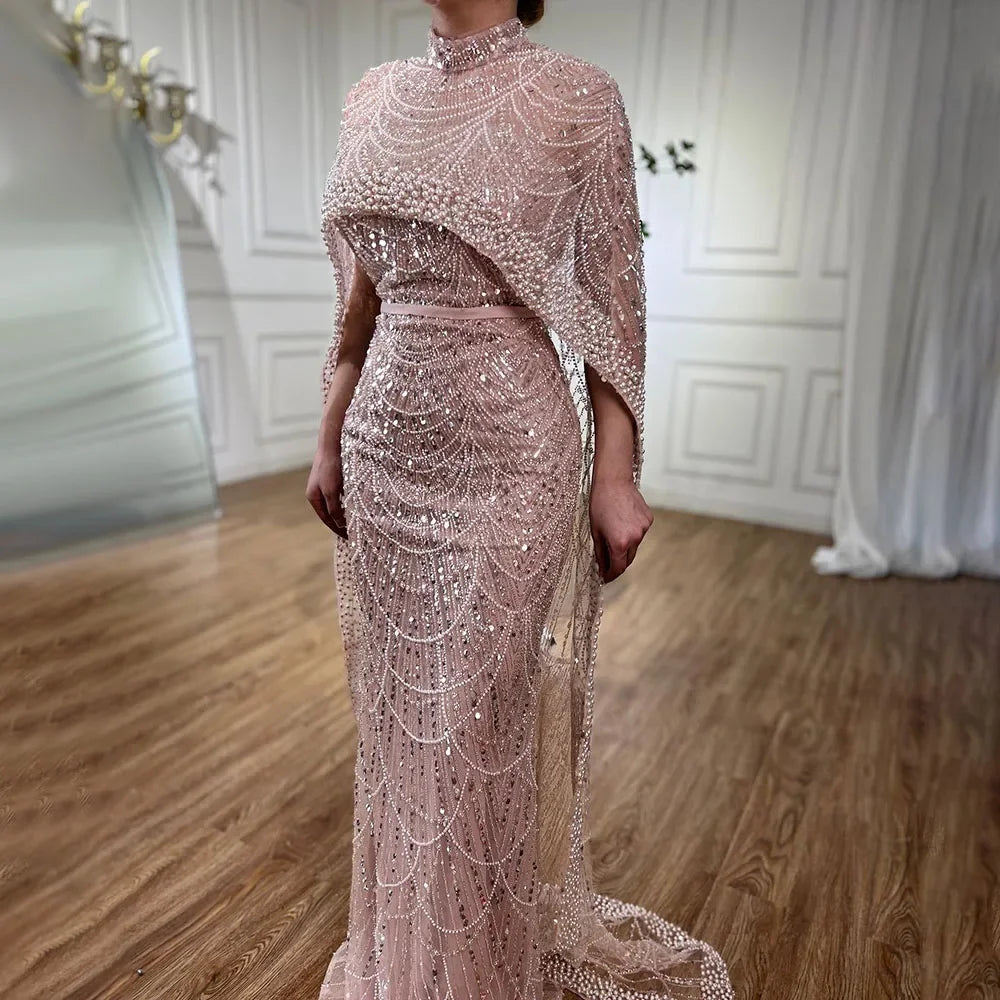 Luxury Designer Pearls Green Evening Dresses with Cape LA72032