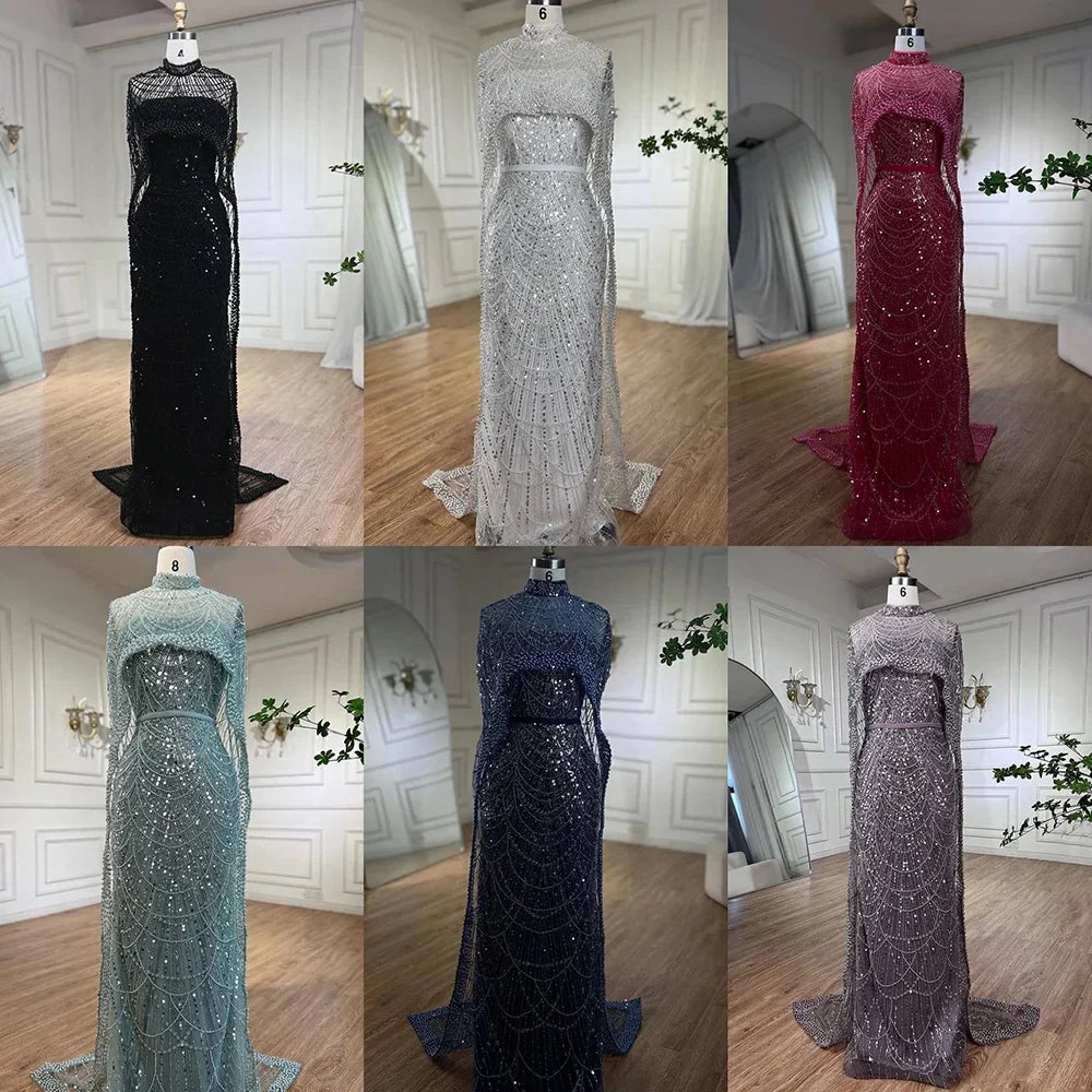 Luxury Designer Pearls Green Evening Dresses with Cape LA72032