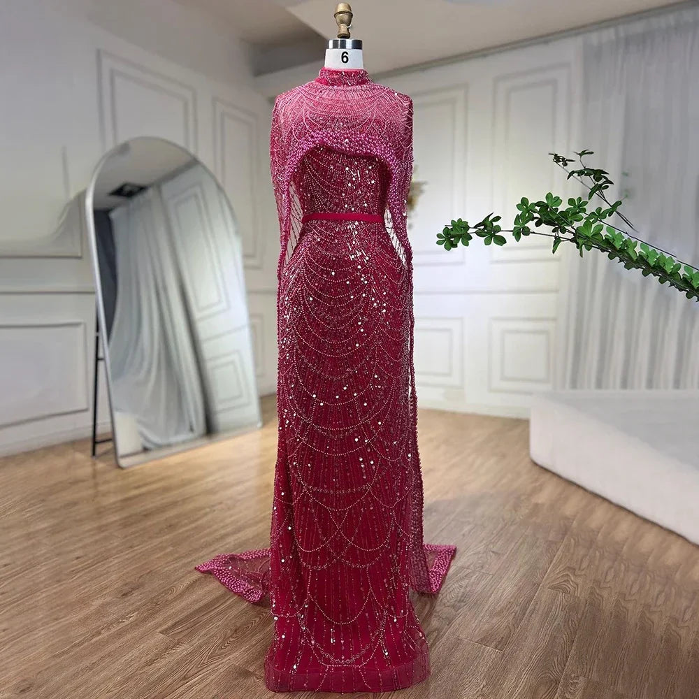 Luxury Designer Pearls Green Evening Dresses with Cape LA72032