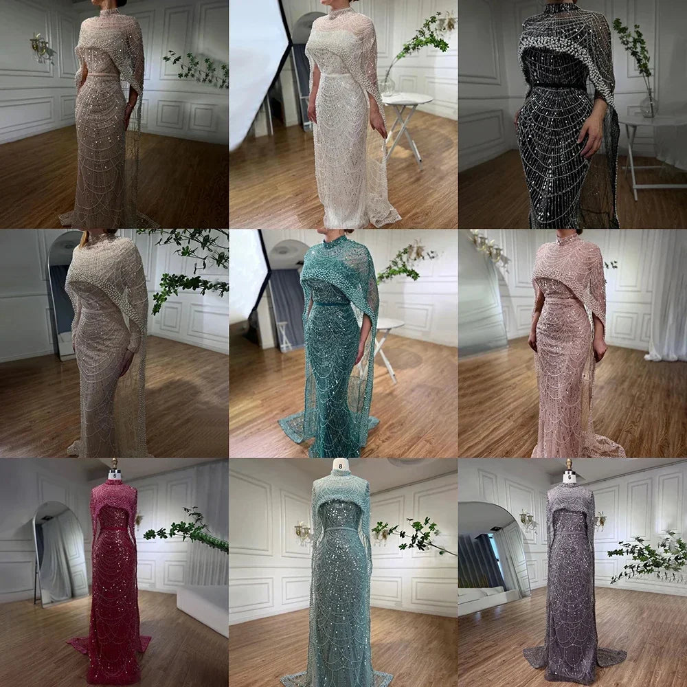 Luxury Designer Pearls Green Evening Dresses with Cape LA72032