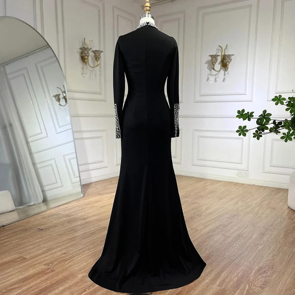 Luxury Black Satin Long Sleeves Mermaid Evening Dress LA72476